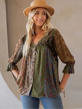 YOUNG THREADS Boho Patchwork Velvet V-Neck Peasant Top